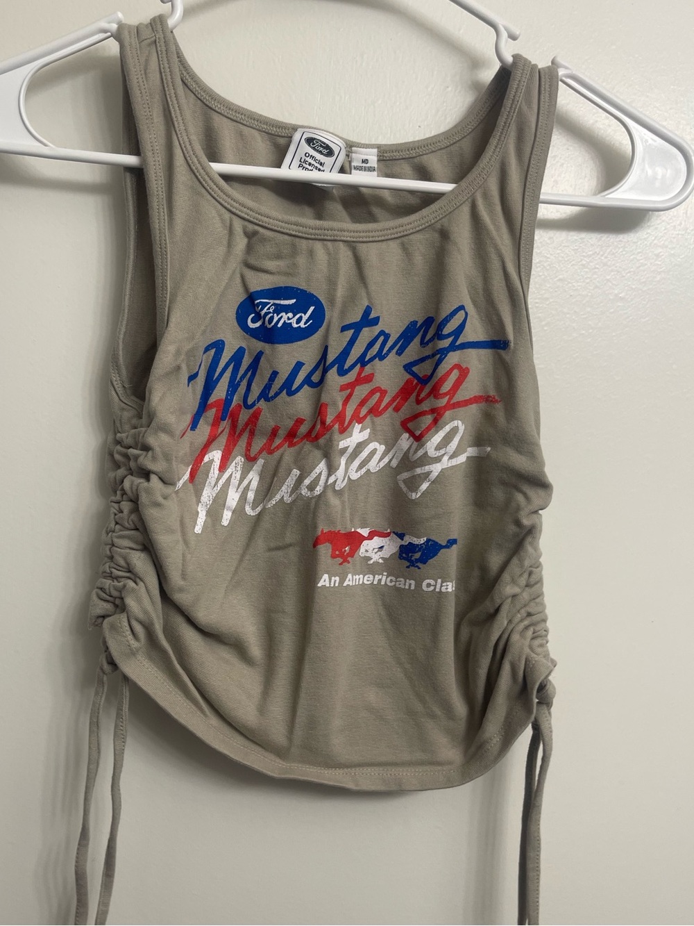 Ford Mustang Ruched Crop Tank Top - Taupe with Red, White & Blue Graphic